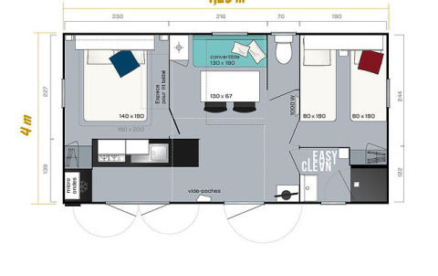 Floor plan of a glamping accommodation at Camping Wallersee - Stacaravans Salzburg with bedrooms and bathroom.