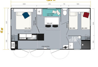 Plano de alojamiento glamping en Camping Wallersee - Stacaravans Salzburg con dormitorios y baño detallados.