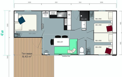Floor plan of glamping accommodation at Camping Wallersee - Stacaravans Salzburg with terrace and bedrooms.