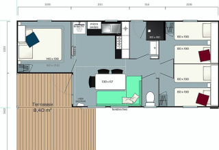 Plano de alojamiento glamping en Camping Wallersee - Stacaravans Salzburg con terraza y tres dormitorios.