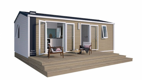 Modern glamping accommodation at Camping Wallersee - Stacaravans Salzburg with spacious terrace seating area.