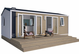 Modern glamping accommodation at Camping Wallersee - Stacaravans Salzburg with spacious terrace seating area.