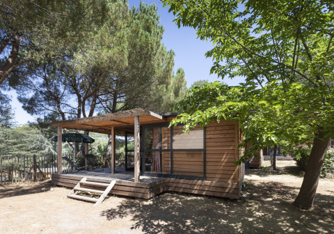 Wooden cabin nestled among trees at Huttopia Forêt de Janas - Glamping Côte d’Azur, outdoor lodging.
