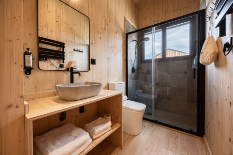 Modern bathroom at Basecamps - Cabins Girona glamping with wood walls, glass shower, and stylish sink.