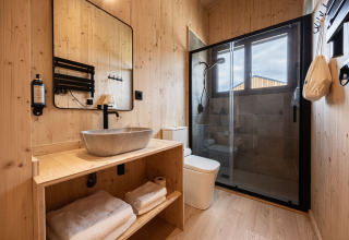 Bagno moderno in Basecamps - Cabins Girona glamping con pareti in legno, ampia doccia e lavabo di design.
