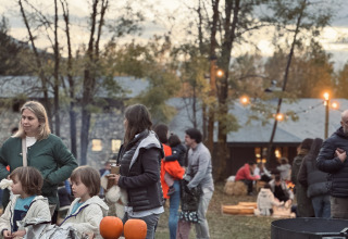 Scena di glamping all'aperto a Basecamps - Cabins Girona, famiglie con bambini, zucche e area falò.