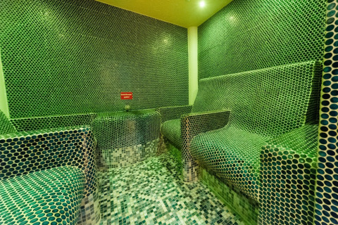 Steam room with green mosaic tiles at VITAL Camping Bayerbach - Lodges in Bavaria, luxury glamping site.