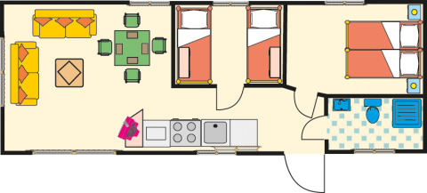 Plan du logement glamping Vakantiepark Havelberge - Stacaravan Orlando avec salon, cuisine, salle de bain et chambres.