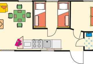 Plano de alojamiento glamping Vakantiepark Havelberge - Stacaravan Orlando con salón, cocina, baño y dormitorios.