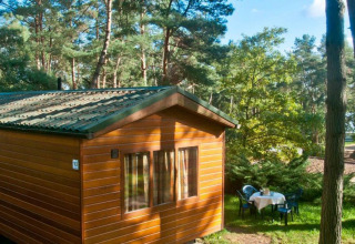 Moderne houten stacaravan bij Vakantiepark Havelberge, omringd door bomen, met tuinset op het grasveld.