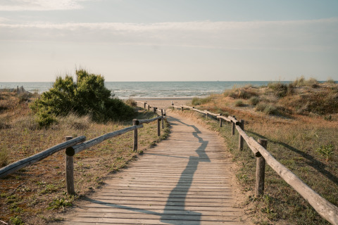 Chemin en bois avec rambardes menant à la plage à Camping Ca Savio - Nordisk Village près de Venise.
