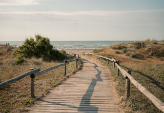Pasarela de madera con barandilla que lleva a la playa en Camping Ca Savio - Nordisk Village cerca de Venecia.