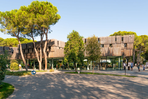 Site de glamping moderne Camping Ca Savio - Nordisk Village à Venise, entouré d’arbres verdoyants et nature.