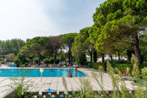 Piscina al aire libre rodeada de árboles y tumbonas en Camping Ca Savio - Nordisk Village cerca de Venecia.