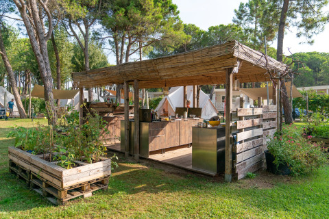 Outdoor kitchen and tents at Camping Ca Savio Nordisk Village Venice, nestled among green pine trees.