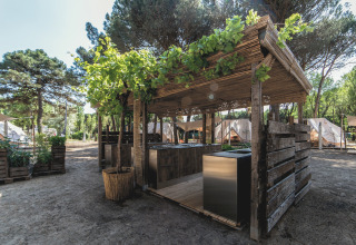 Glampinglocatie met moderne tenten en buitenkeuken in het bos bij Camping Ca Savio - Nordisk Village Venetië.