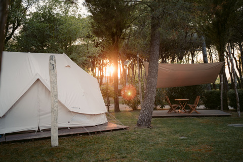 Alloggio glamping presso Camping Ca Savio - tende Nordisk Village Venezia, tramonto tra gli alberi.