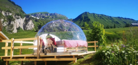 Glamping i Bubbelreis glaskuppel i Isenthal, Schweiz, omgivet af grønne bjerge og blomsterenge.