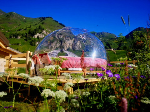 Glamping-Unterkunft in einer klaren Iglo-Kuppel 'Bubbelreis - Glazen Iglo Isenthal' umgeben von Bergen und Blumen.