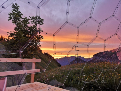 Udsigt fra en glamping boble-iglo i Isenthal med blomstereng, bjerge og farverig solnedgang.