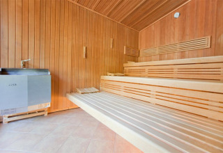 Sauna moderne en bois à Ferienanlage Erzeberg - Blockhütten Hessen, hébergement glamping pour détente optimale.