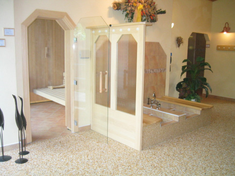 Intérieur d'un espace bien-être avec sauna, portes vitrées et plantes dans Ferienanlage Erzeberg - Blockhütten Hessen.