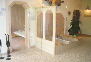 Interno di un'area benessere con sauna, porte in vetro e piante presso Ferienanlage Erzeberg - Blockhütten Hessen.
