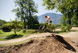 Mountainbiker springt auf Strecke im Grünen mit Bergen bei Campofelice Camping Village, Lago Maggiore.
