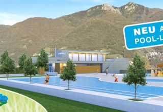 Visualisatie van het nieuwe zwembadlandschap bij Campofelice Camping Village - Igloo Tube Lago Maggiore in de Alpen.