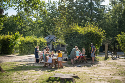 Families gather at picnic tables enjoying outdoor activities at Huttopia Rambouillet - Glamping île de France.