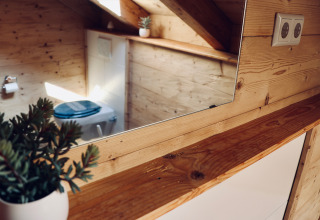 Houten badkamer met kleine spiegel en vetplant bij Camping & Vakantiepark Orsingen, Baden-Württemberg.
