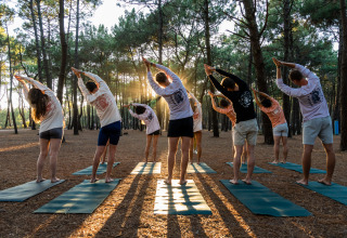 Groupe pratiquant le yoga matinal en forêt sur le site Enter the wave – Forestcamp Biscarrosse glamping.