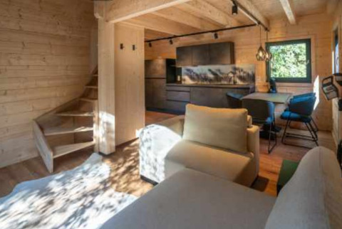 Moderne glampingaccommodatie met houten interieur, salon, eettafel en keuken in Baden-Württemberg.