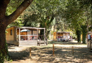 Hébergements glamping en bois sous les arbres chez Huttopia Le Moulin - Glamping Ardèche en France.
