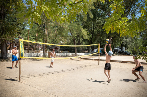 Four people play volleyball on an outdoor court surrounded by trees at Huttopia Le Moulin - Glamping Ardèche.