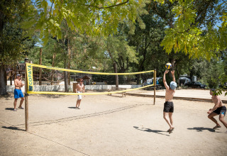 Quatre personnes jouent au volley-ball sur un terrain extérieur entouré d’arbres à Huttopia Le Moulin - Glamping Ardèche.
