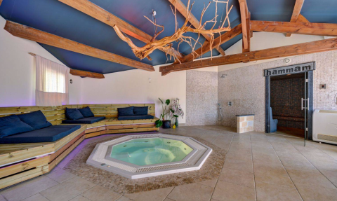 Indendørs spa-område med jacuzzi, træsofaer, hammam-indgang og unikt træloft på Camping La Chapoulière.