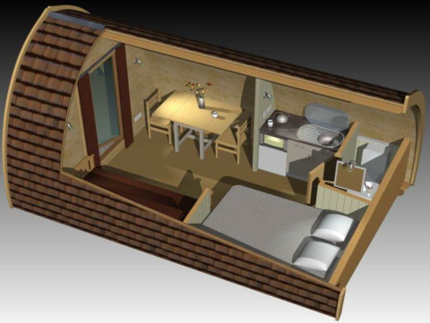 Struttura 3D di una sistemazione glamping al Campingpark Rerik - Glamping Rerik con letto, cucina e tavolo.