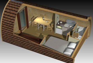 Struttura 3D di una sistemazione glamping al Campingpark Rerik - Glamping Rerik con letto, cucina e tavolo.