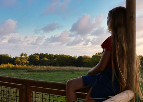 Girl with long hair gazing at scenic green fields from a balcony at Dihan Evasion - Lodges Bretagne.