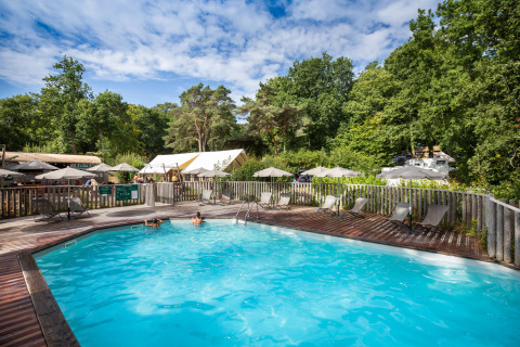Poolbereich im Huttopia Douarnenez – Glamping Bretagne, umgeben von Liegestühlen und grünem Wald.
