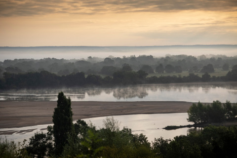 Brume matinale sur la rivière près de Huttopia Saumur - Glamping Pays de la Loire, paysage paisible de France.