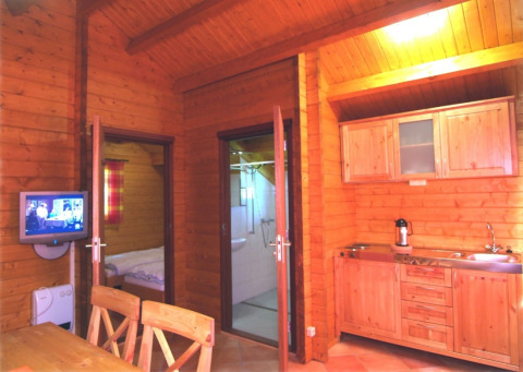 Houten interieur van glampingverblijf met keuken, televisie en toegang tot slaapkamer en badkamer bij Eifelidyll.