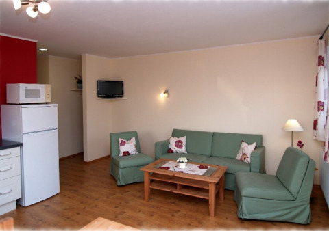 Cozy living room at Eifelidyll glamping in Rhineland-Palatinate with green sofas and kitchenette.