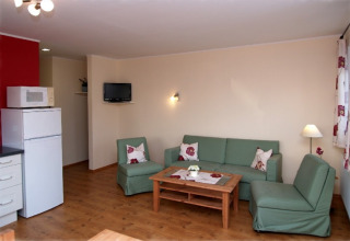 Acogedora sala de estar en Eifelidyll glamping con sofá verde, pequeña cocina y decoración luminosa.