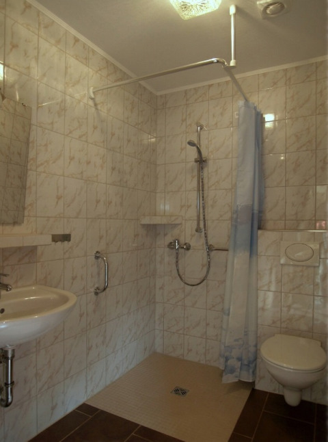 Toegankelijke badkamer met douche, verhoogd toilet en wastafel bij Eifelidyll glamping in Rijnland-Palts.