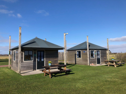 Two cozy wooden glamping huts with picnic tables on grass at Camping Duinzoomhoeve, Noord-Holland, sunny day.