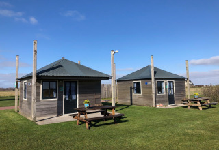 To hyggelige hytter med borde udenfor på grøn græsplæne under blå himmel ved Camping Duinzoomhoeve, Noord-Holland.