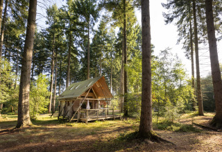 Hébergement glamping au Village Huttopia Senonches, Val de Loire, entouré d’arbres et de nature.