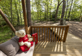 Glampingindkvartering i skoven med bamse på terrassen ved Bio Vakantieoord - Glampingtenten Veluwe.